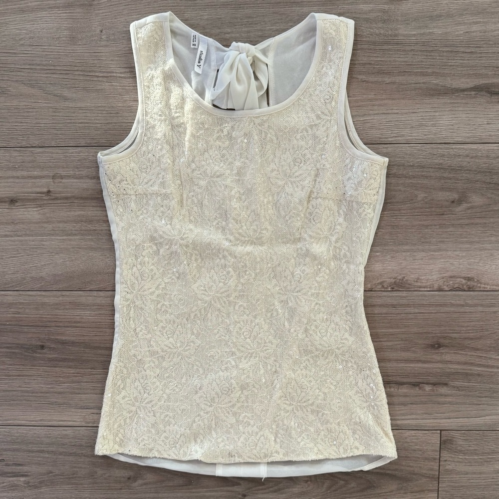 Studio Y Cream Fitted Floral Sequin Top